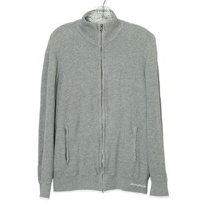 Nautica Jacket Mens L Gray Waffle Textured Knit Full Zip 100% Cotton Embroidered